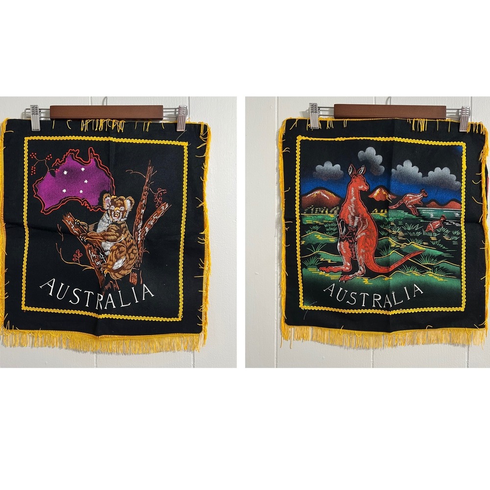 1940s Australian Kangaroo and‎ Koala Fringed Souvenir Velvet Pillowcases Vintage